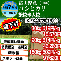 コシヒカリ整粒米 精白米 富山県 R7年産【IK-FKA07203-TD 5kg袋×6入】
